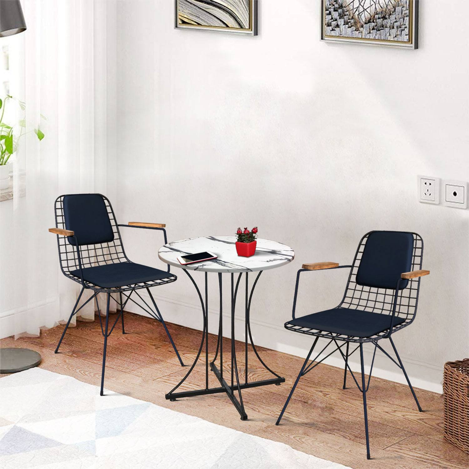 2 Person 60cm Table Set Marble + 2 Chairs with Armrests