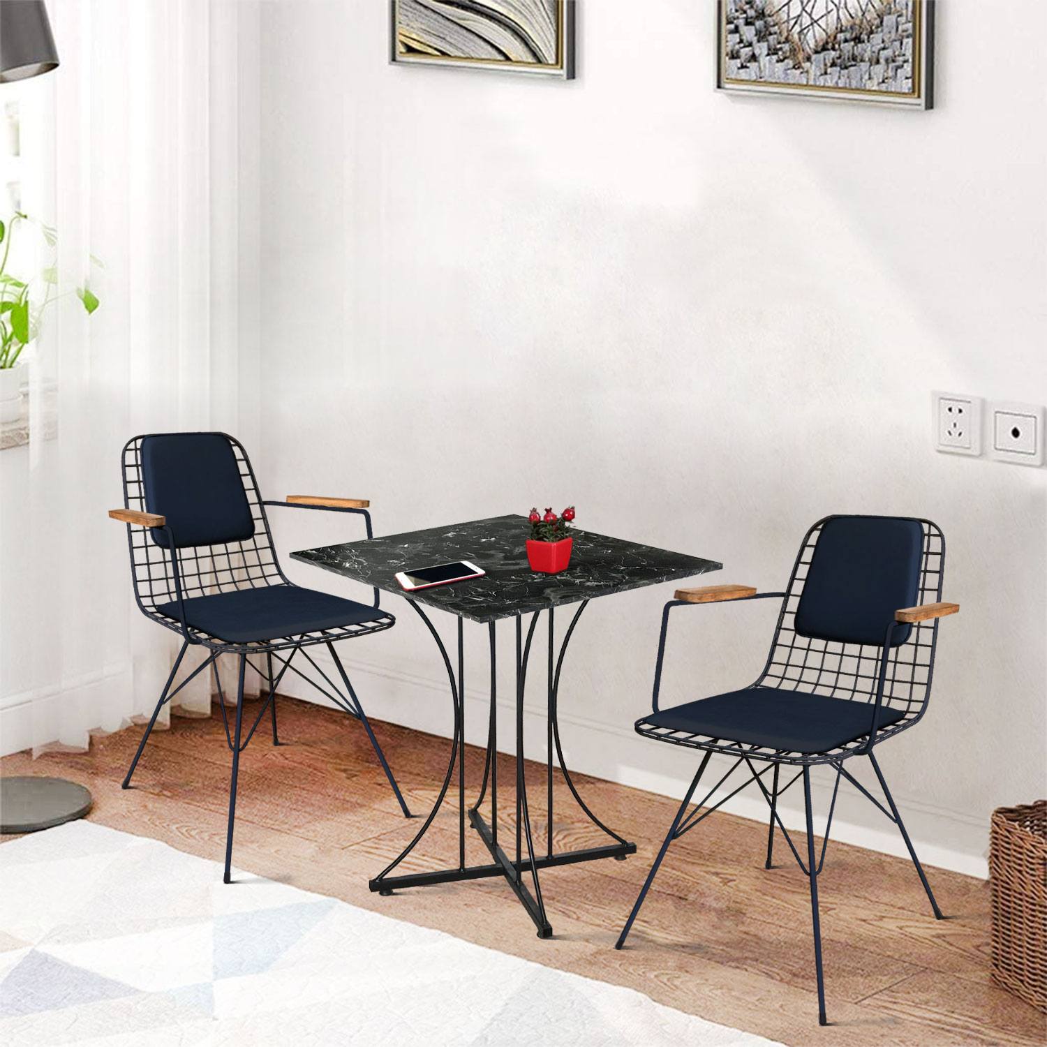 2 Person 60X60 Table with Marble Pattern + 2 Chairs with Armrests