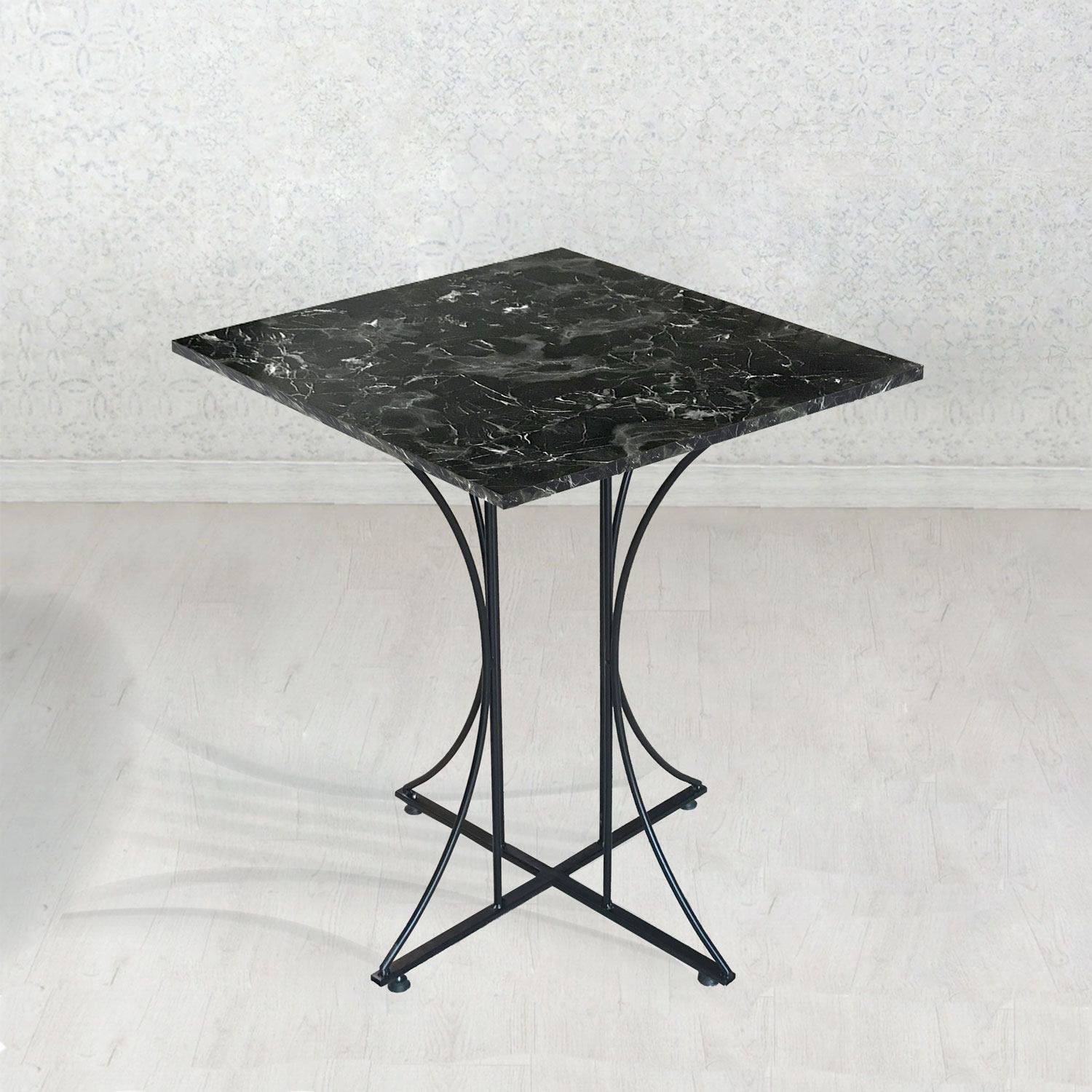 2 Person 60X60 Table Set Marble Pattern + 2 Pieces Combed Black