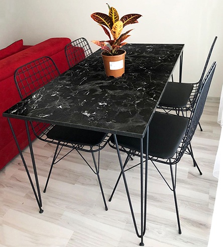 4 Person 130X70 Table Set (Marble Pattern) + 4 Wire Chairs