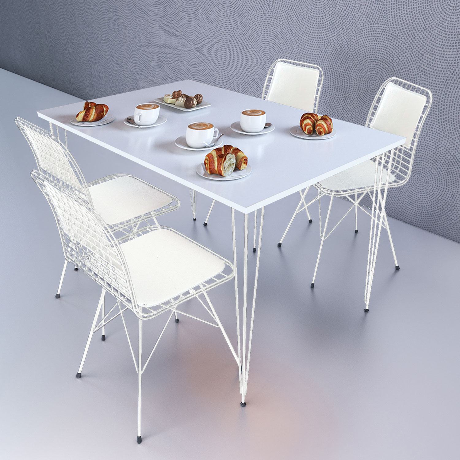 4 Person 130X70 White Table Set + 4 Wire Chairs with Back Cushion