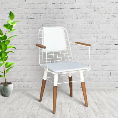 White Chair with Wooden Legs, Armrests and Back Cushion