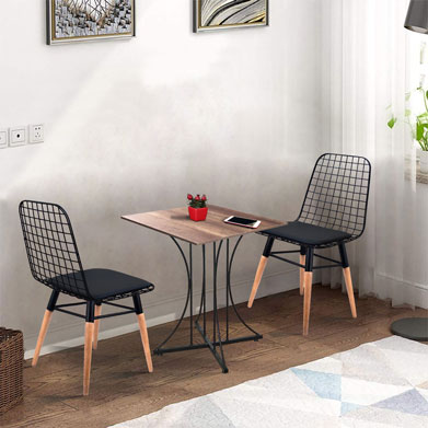 PI 60X60CM Table Baroque (Wooden Pattern) + 2 Wire Chairs with Wooden Legs