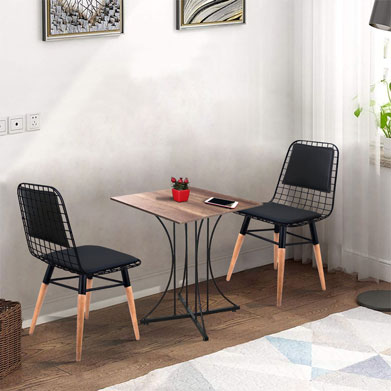 PI 60X60cm Table Baroque (Wooden Patterned) + 2 Wire Chairs with Wooden Legs and Back Cushion